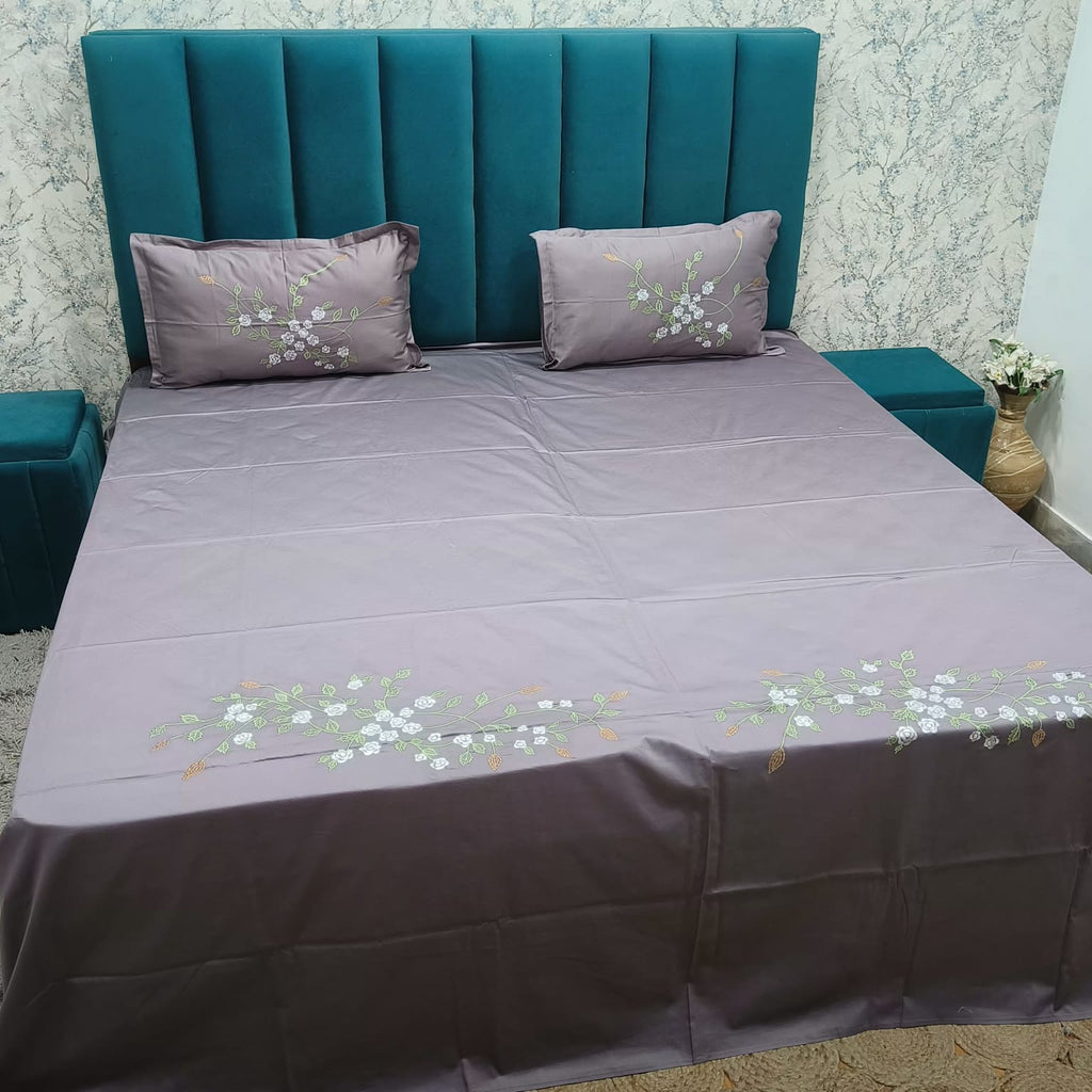 Roselyn Lavender Grey & Multicolor Floral Embroidered Pure Cotton King-Size Bedsheet