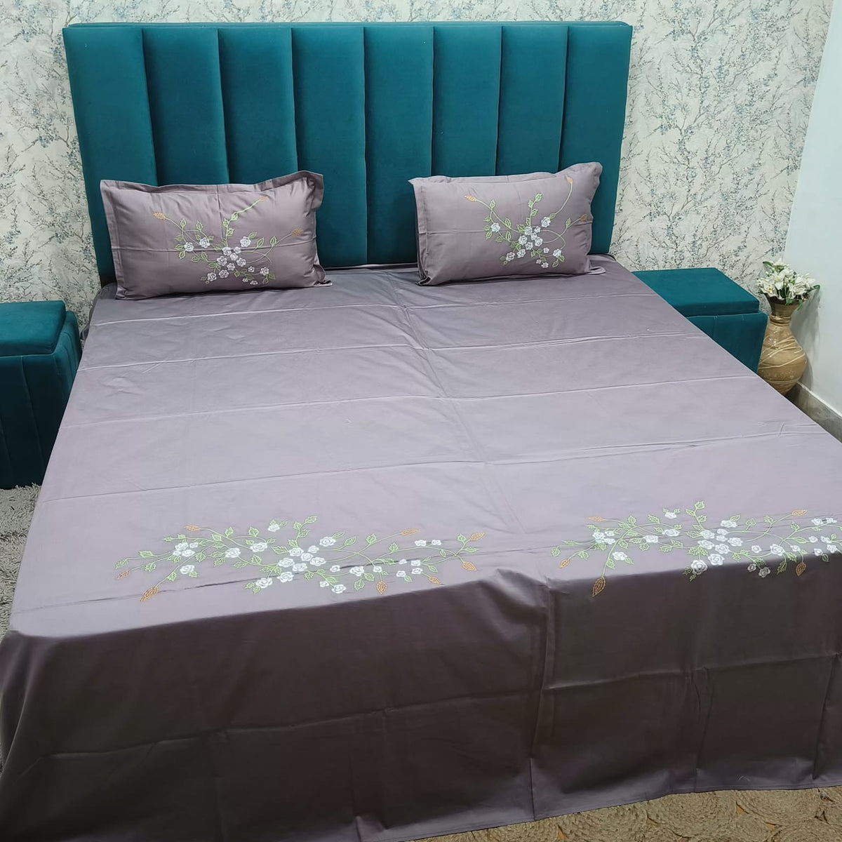 Roselyn Lavender Grey & Multicolor Floral Embroidered Pure Cotton King-Size Bedsheet