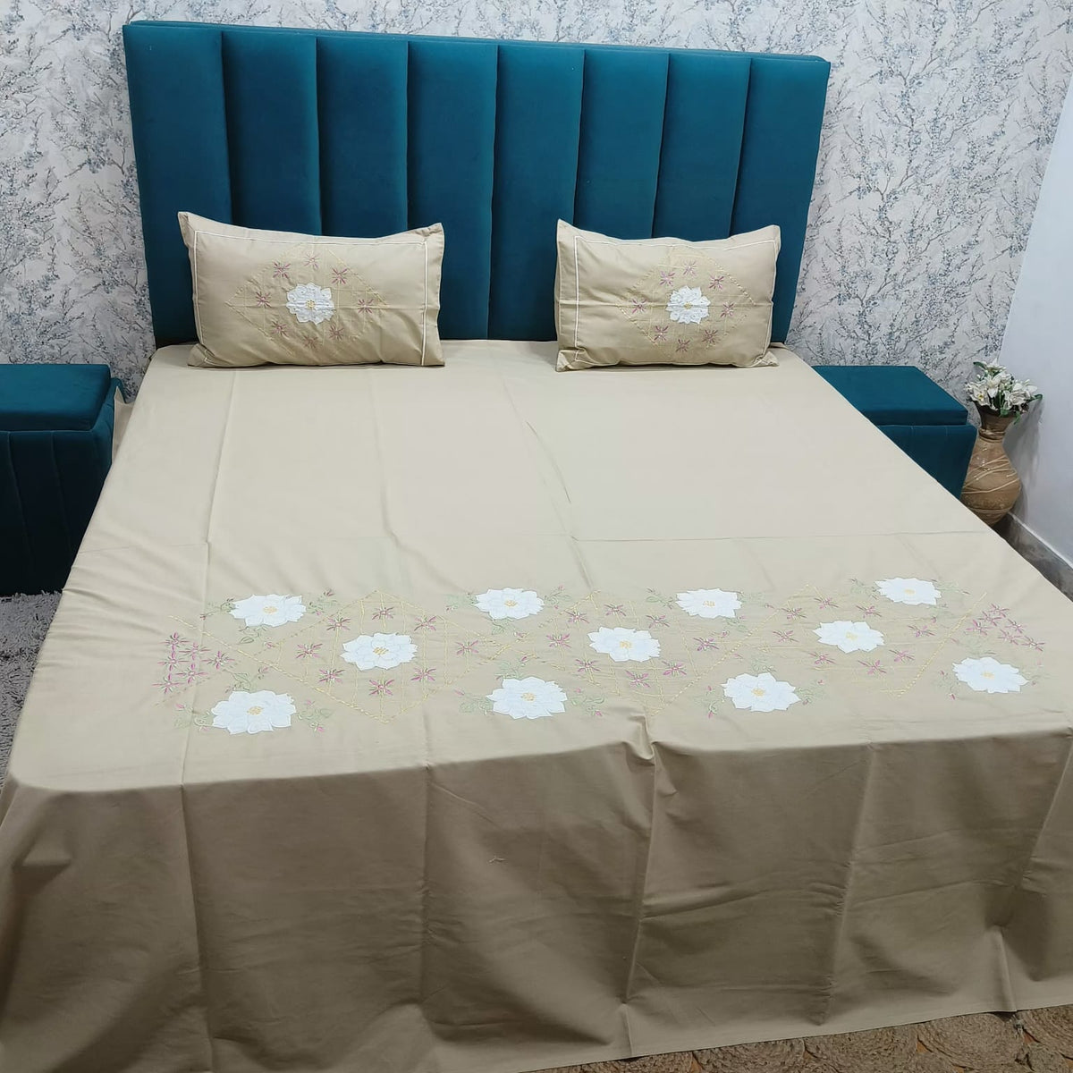 Roselyn Beige & White Floral Embroidered Pure Cotton King-Size Bedsheet