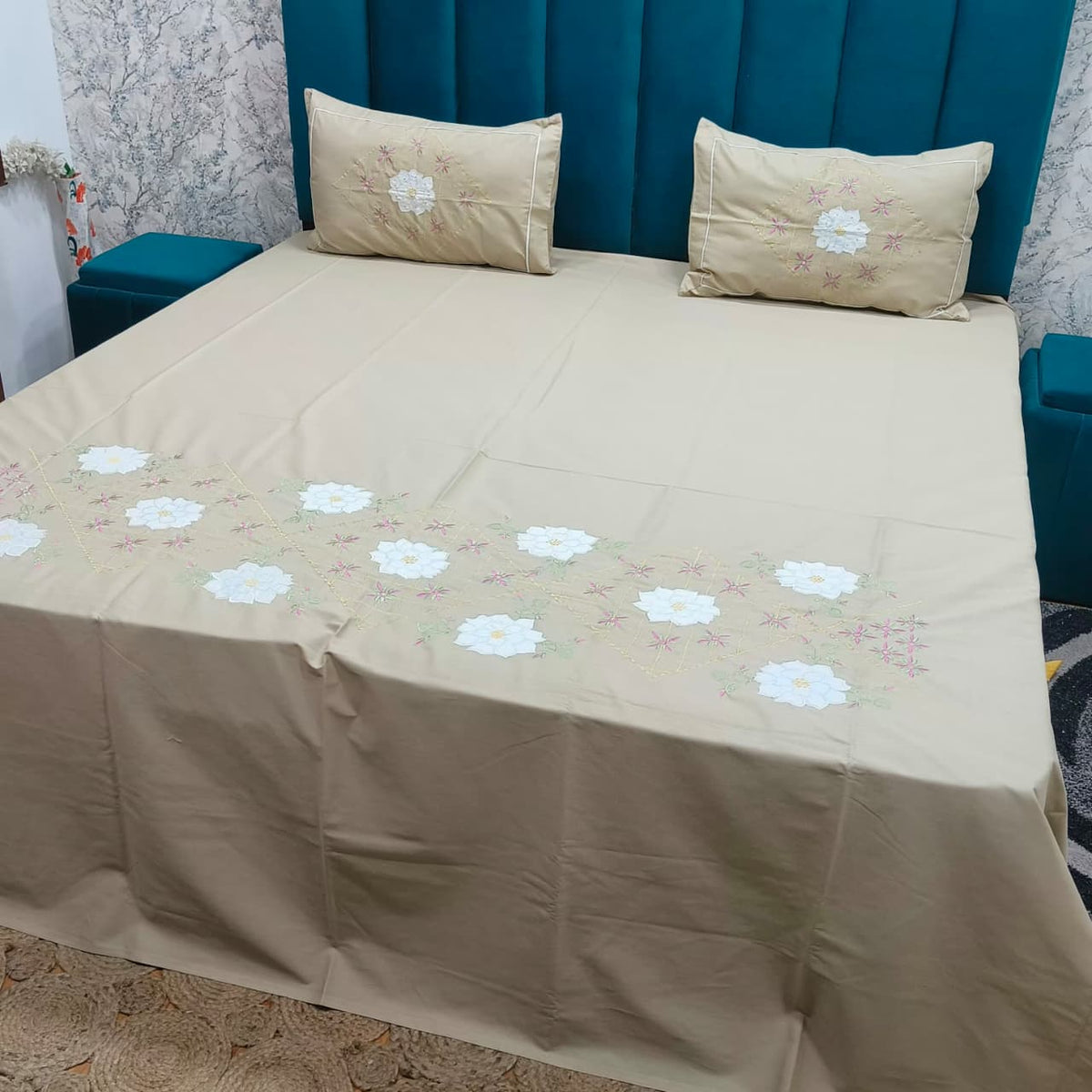 Roselyn Beige & White Floral Embroidered Pure Cotton King-Size Bedsheet
