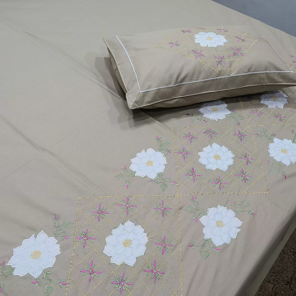 Roselyn Beige & White Floral Embroidered Pure Cotton King-Size Bedsheet
