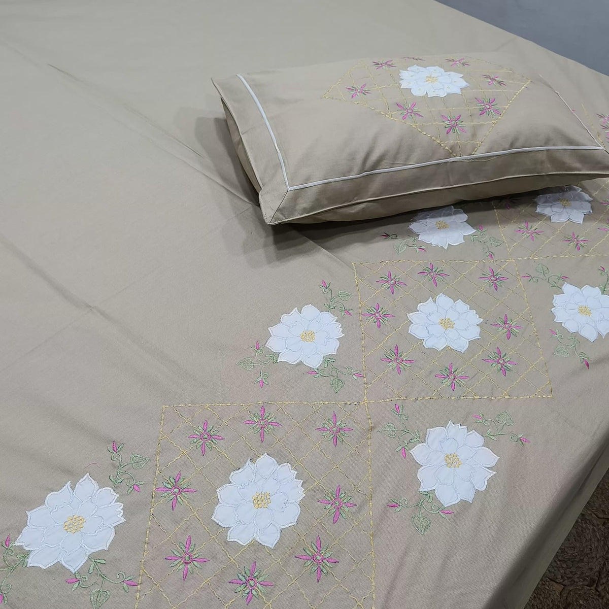 Roselyn Beige & White Floral Embroidered Pure Cotton King-Size Bedsheet