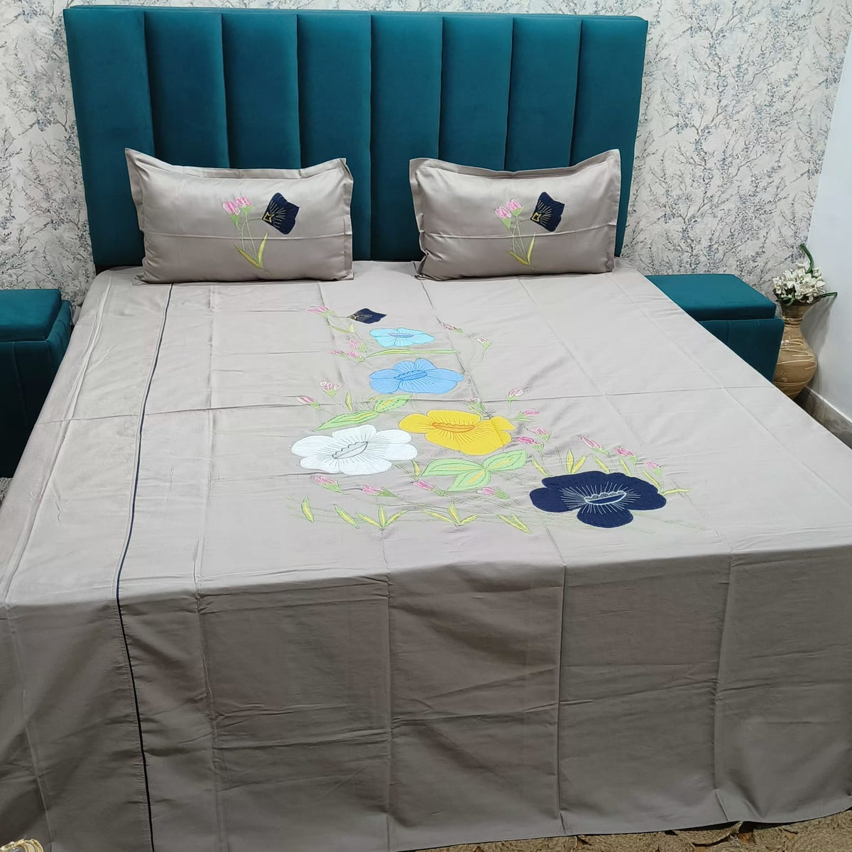 Roselyn Grey & Multicolor Floral Embroidered Pure Cotton King-Size Bedsheet