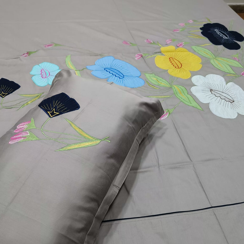 Roselyn Grey & Multicolor Floral Embroidered Pure Cotton King-Size Bedsheet
