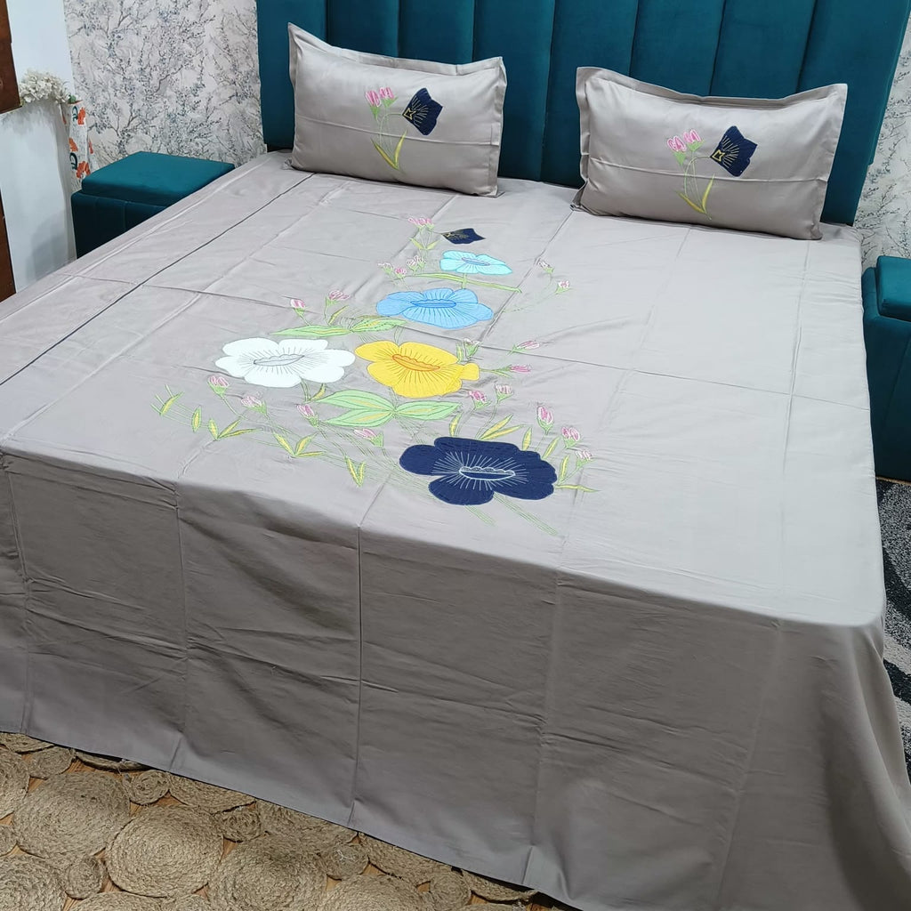 Roselyn Grey & Multicolor Floral Embroidered Pure Cotton King-Size Bedsheet