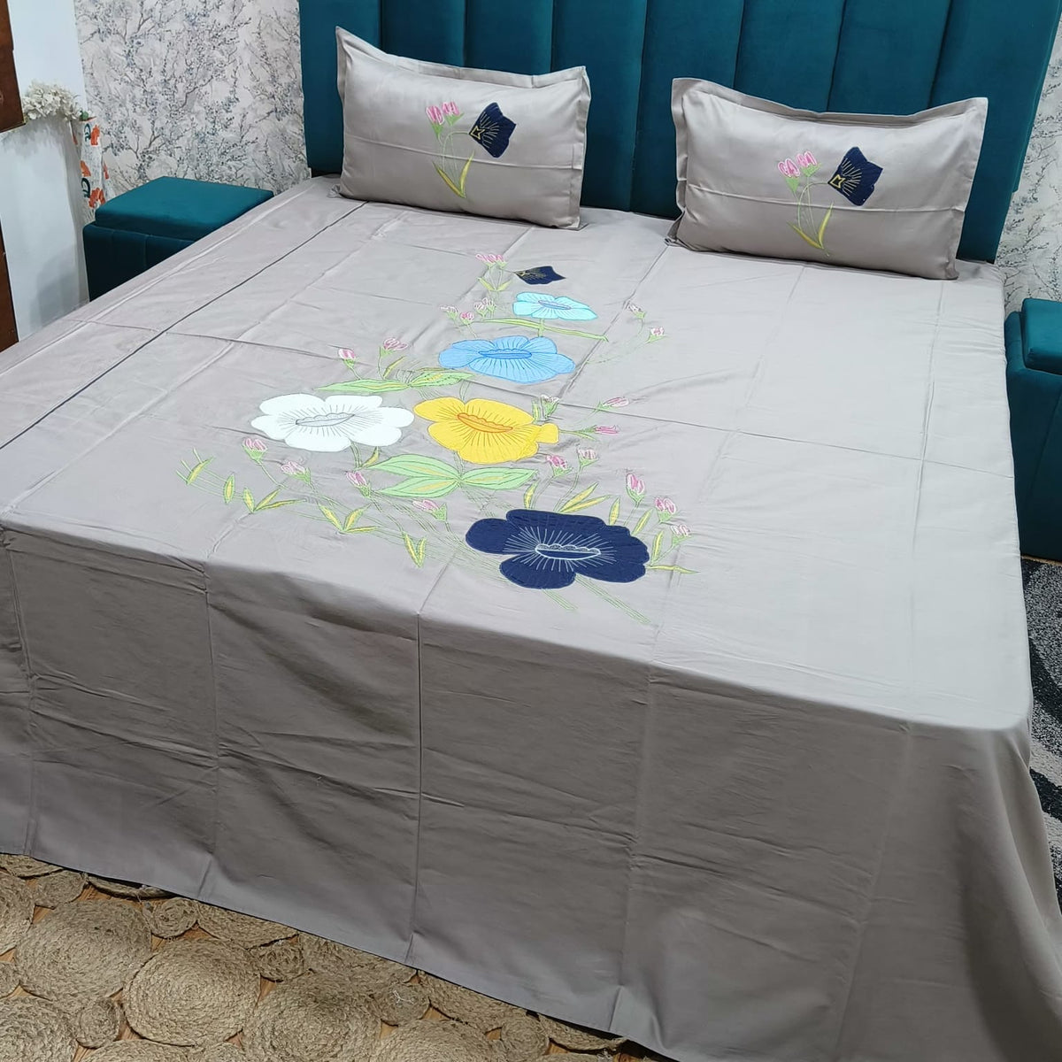 Roselyn Grey & Multicolor Floral Embroidered Pure Cotton King-Size Bedsheet