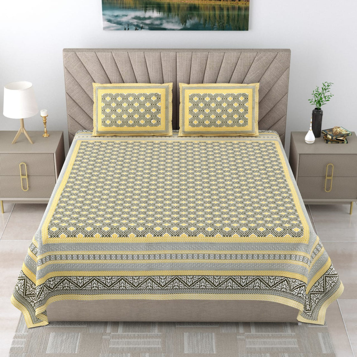 Royal Rajasthani Premium Grey & Yellow Geometric Printed Queen Size Bedsheet Set