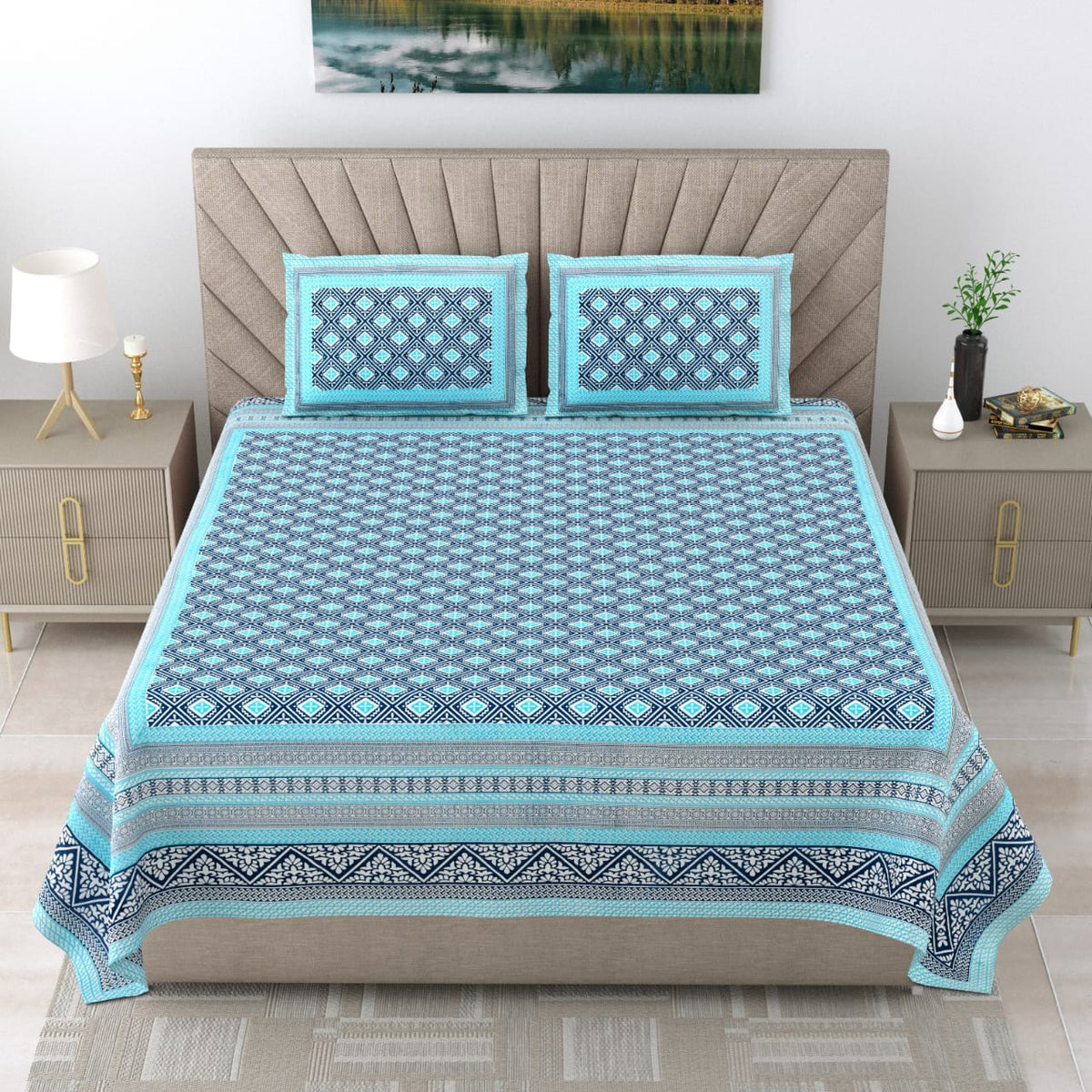 Royal Rajasthani Premium Turquoise Blue & Navy Geometric Printed Queen Size Bedsheet Set