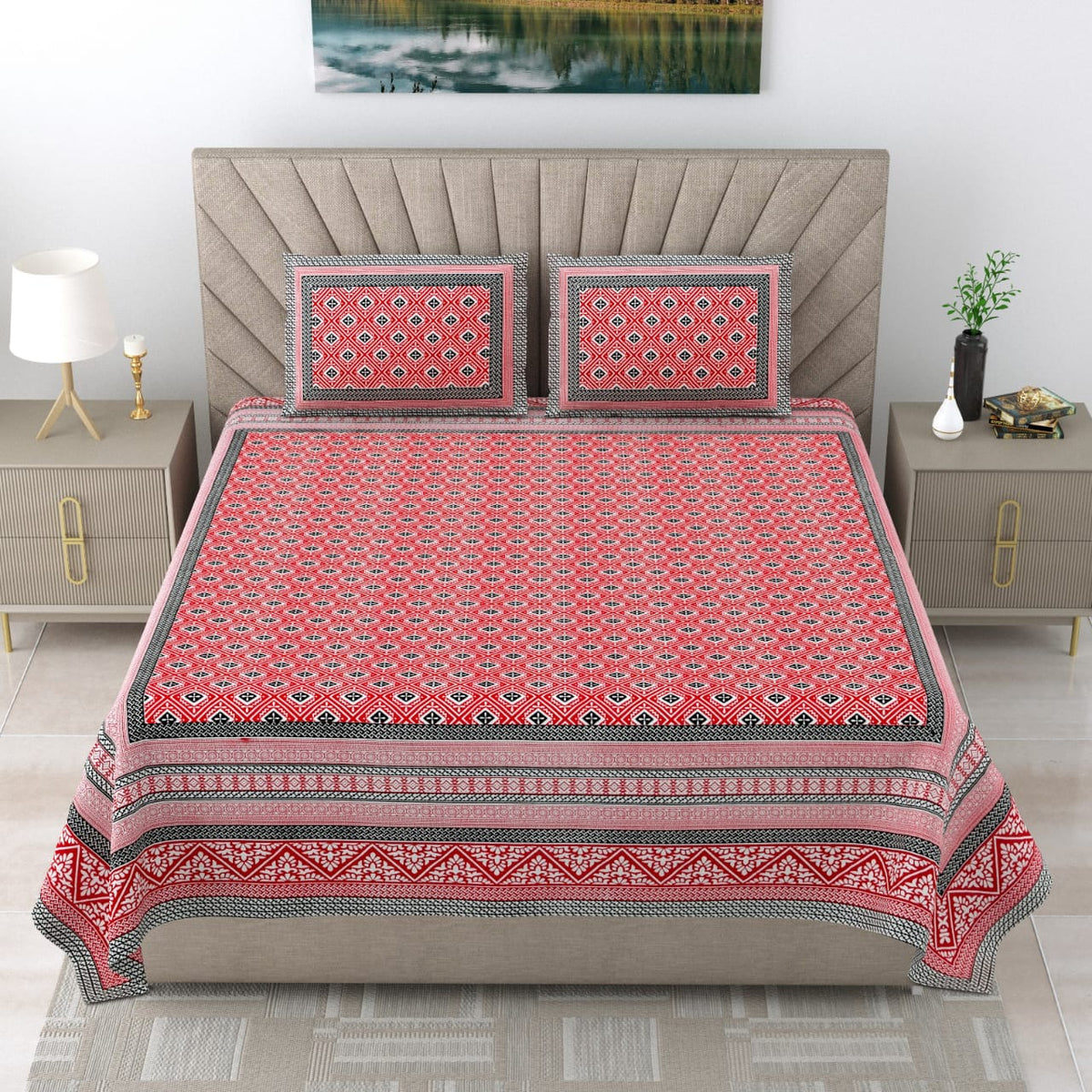 Royal Rajasthani Premium Red & Black Geometric Printed Queen Size Bedsheet Set