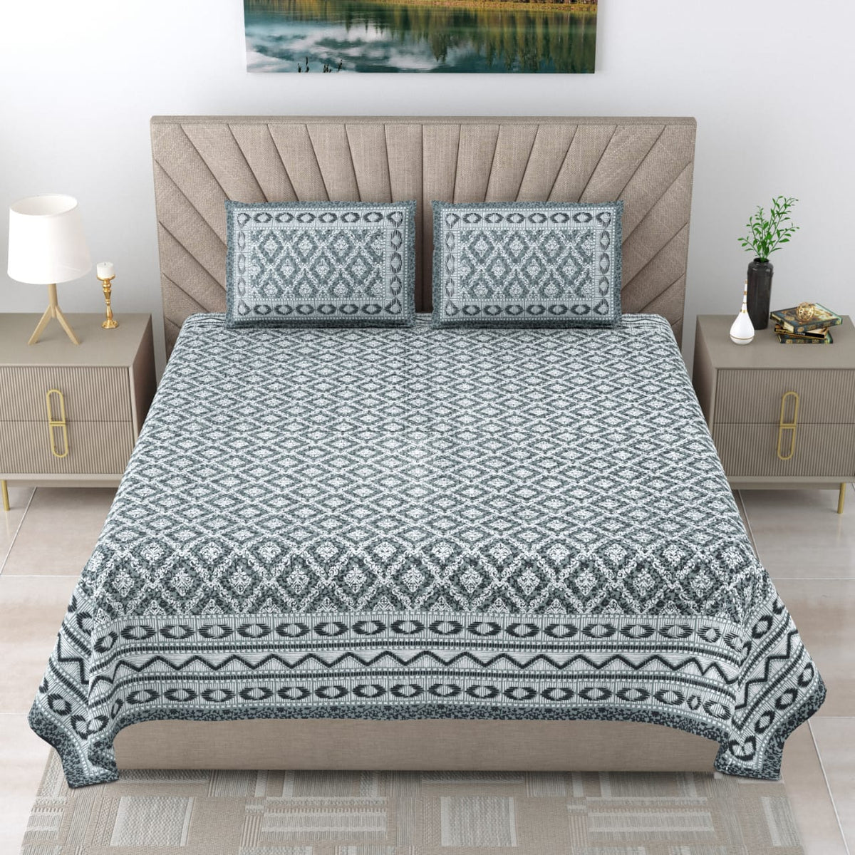 Royal Rajasthani Premium Grey & Black Geometric Printed Queen Size Bedsheet Set