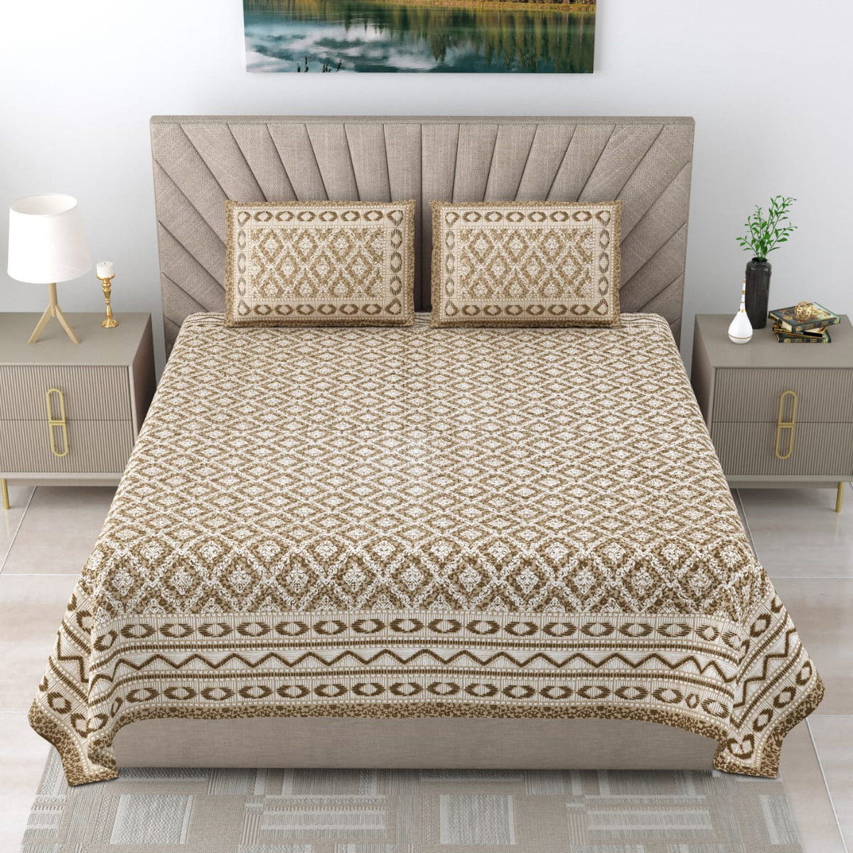 Royal Rajasthani Premium Beige & Brown Geometric Printed Queen Size Bedsheet Set