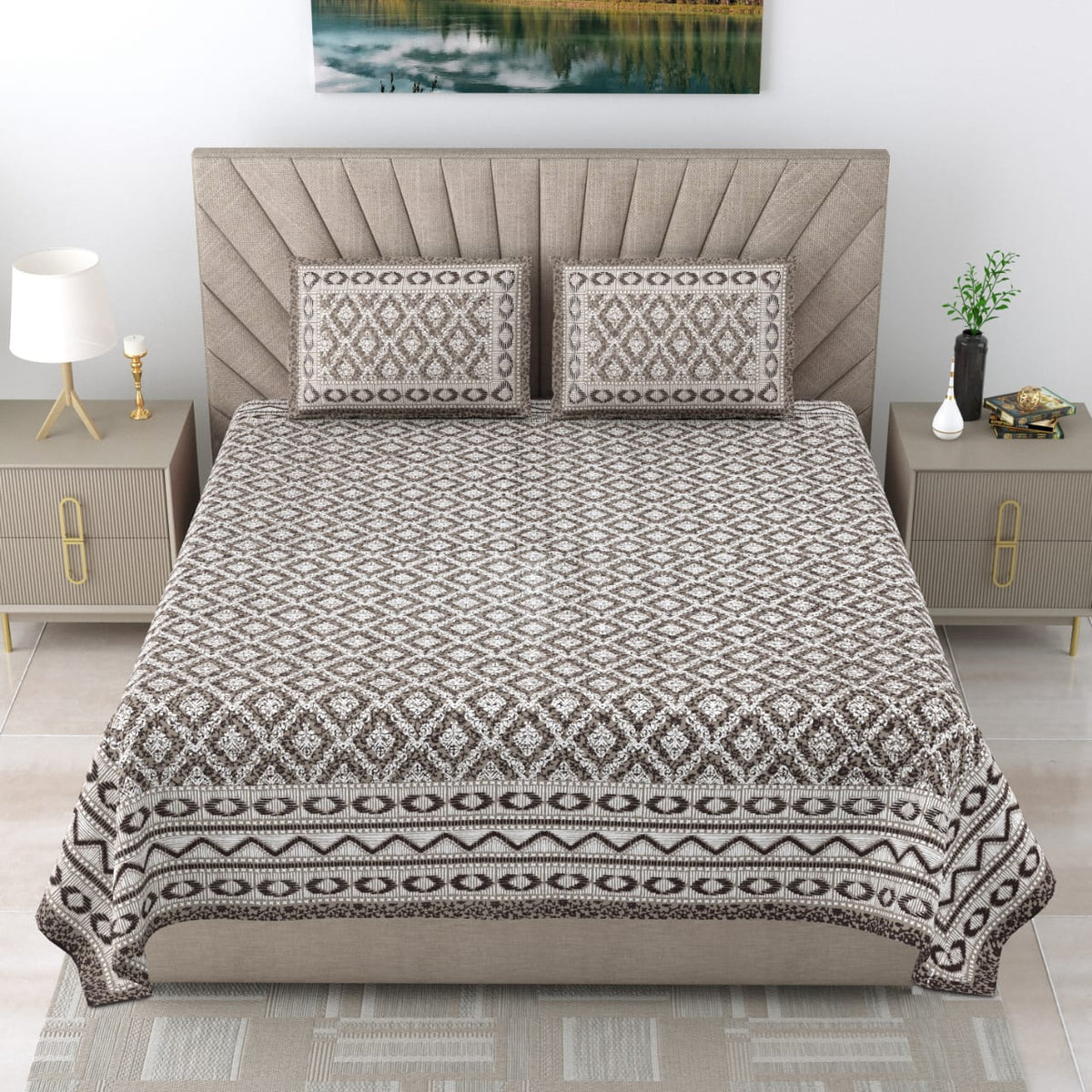 Royal Rajasthani Premium Grey & Brown Geometric Printed Queen Size Bedsheet Set