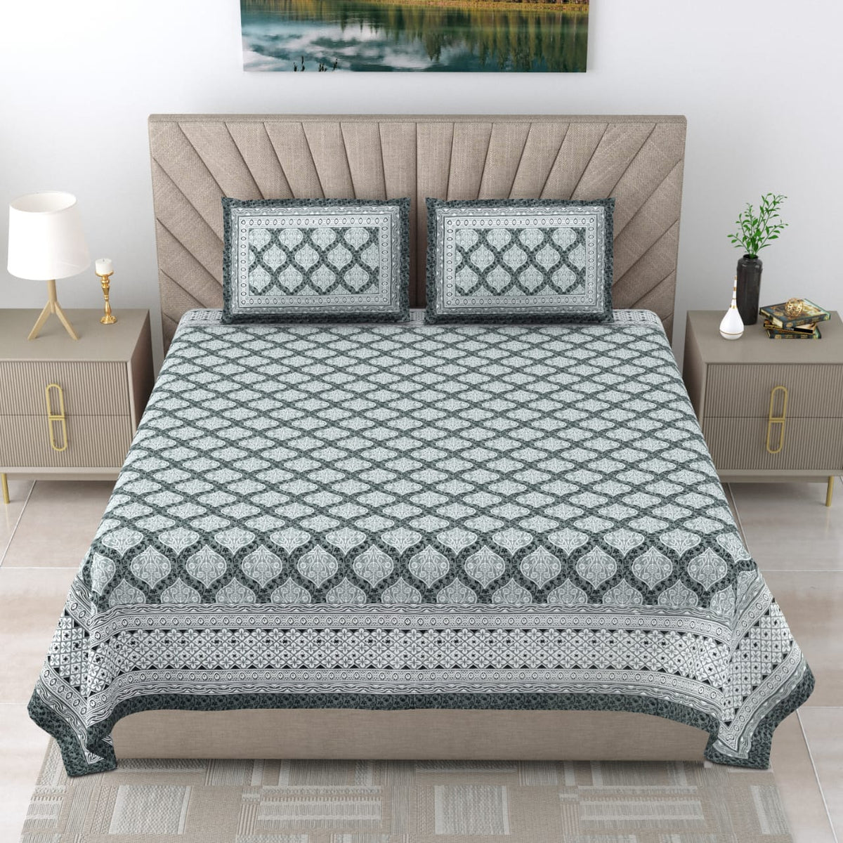 Royal Rajasthani Premium Grey & Teal Blue Geometric Printed Queen Size Bedsheet Set