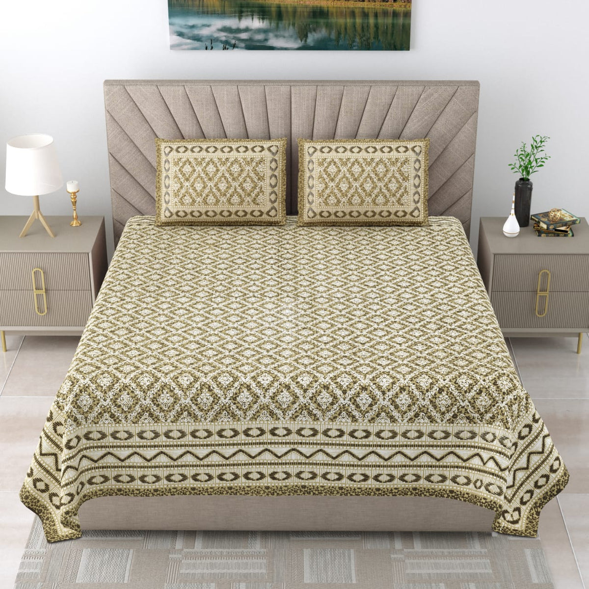 Royal Rajasthani Premium Beige & Olive Green Geometric Printed Queen Size Bedsheet Set