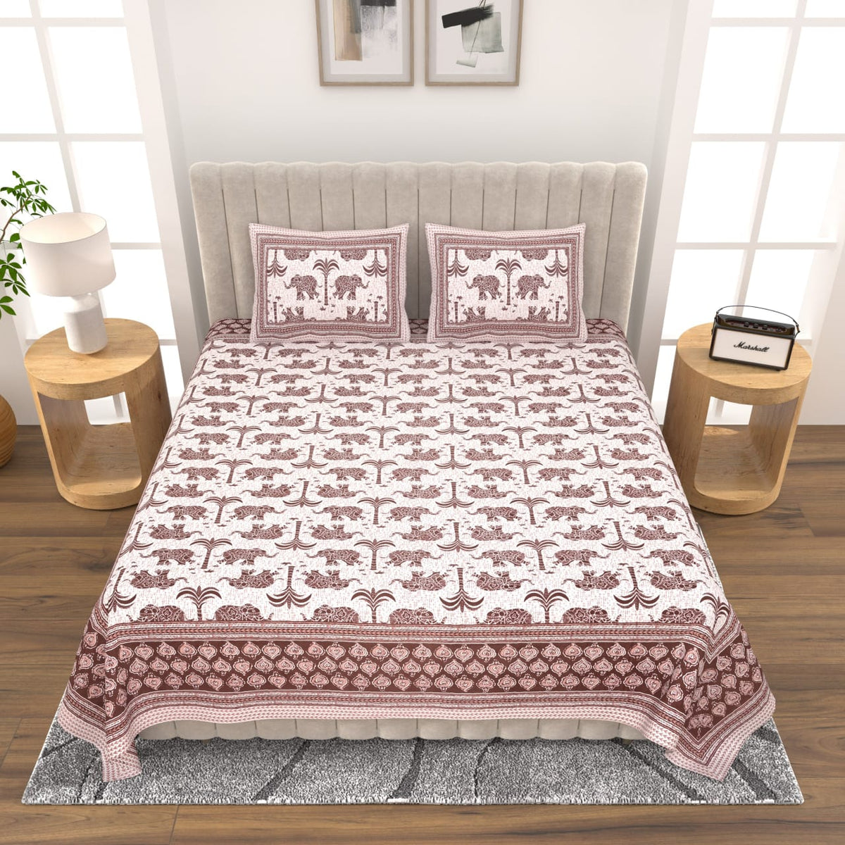 Royal Rajasthani Premium White & Maroon Elephant Printed Queen Size Bedsheet Set