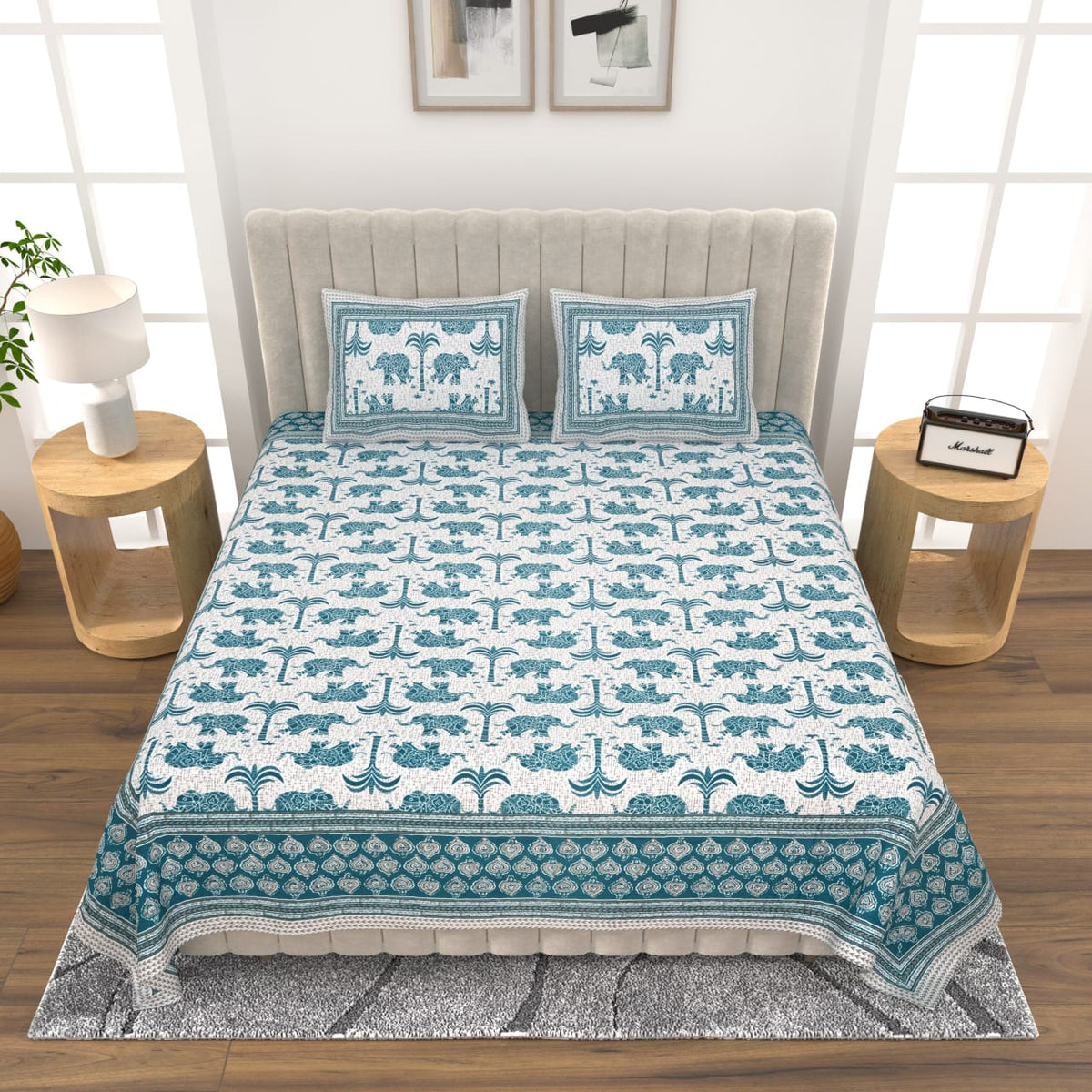 Royal Rajasthani Premium White & Teal Blue Elephant Printed Queen Size Bedsheet Set
