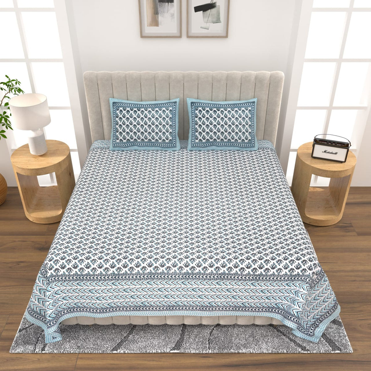 Royal Rajasthani Premium White & Teal Blue Floral Printed Queen Size Bedsheet Set