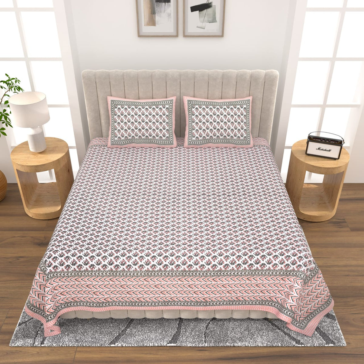 Royal Rajasthani Premium Ivory & Pink Floral Printed Queen Size Bedsheet Set