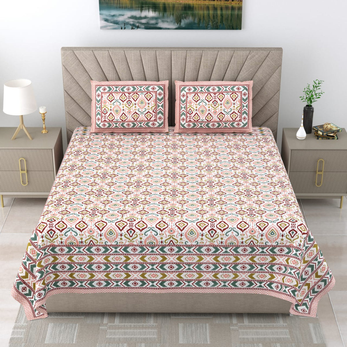 Royal Rajasthani Premium Ivory & Multicolor Floral Printed Queen Size Bedsheet Set