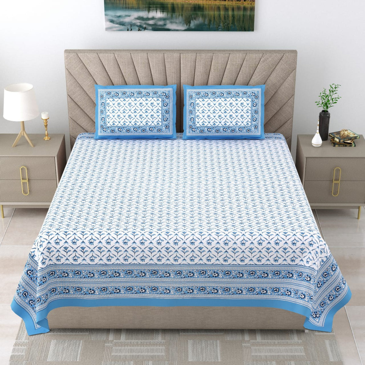 Royal Rajasthani Premium White & Blue Floral Printed Queen Size Bedsheet Set