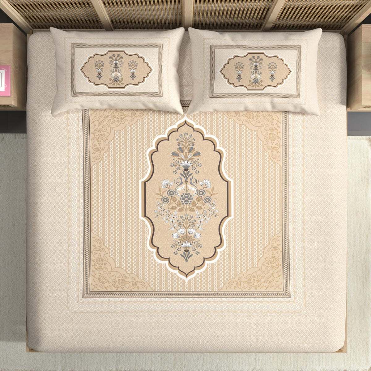 Nayab Ivory & Beige Floral Heritage Premium Cotton King Size Bedsheet Set