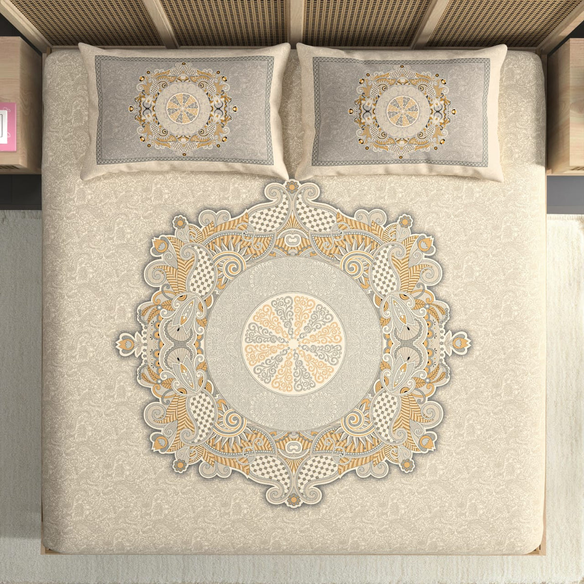 Nayab Ivory & Golden Heritage Premium Cotton King Size Bedsheet Set