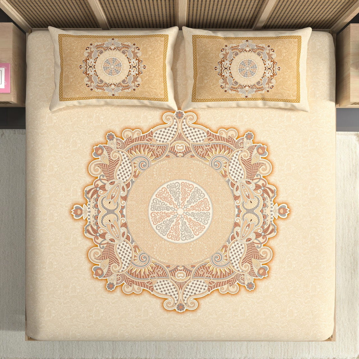 Nayab Beige & Golden Heritage Premium Cotton King Size Bedsheet Set