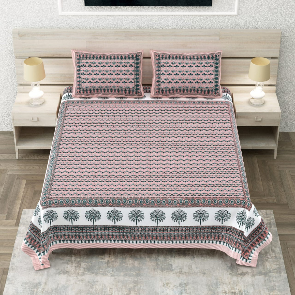 Mughlai Elegant Pink & Teal Blue Floral Printed King Size Premium Cotton Bedsheet