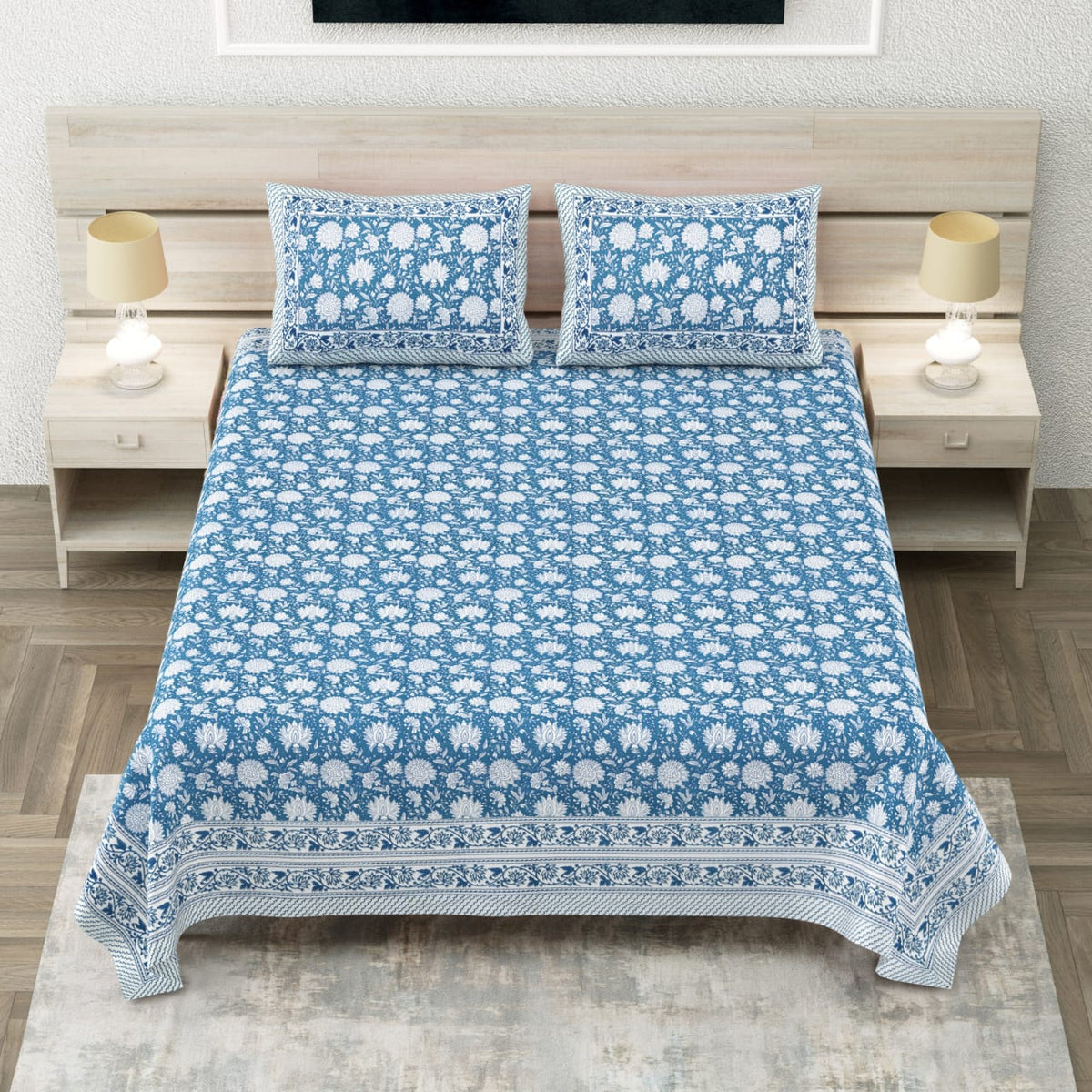 Mughlai Elegant Blue & White Floral Printed King Size Premium Cotton Bedsheet