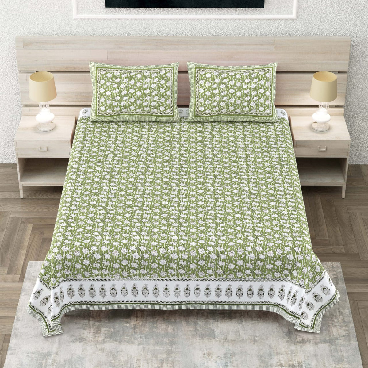 Mughlai Elegant Olive Green & White Floral Printed King Size Premium Cotton Bedsheet