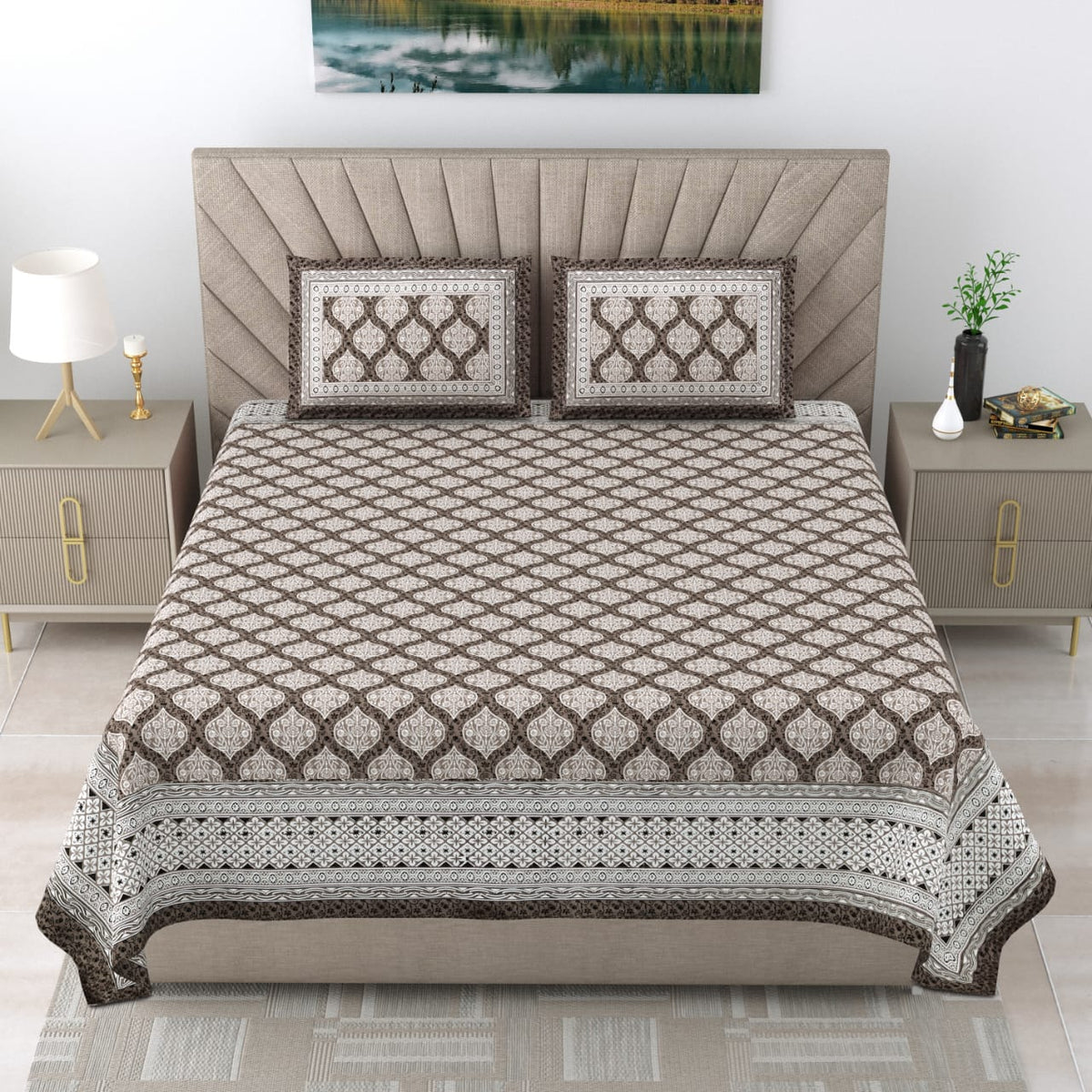 Royal Rajasthani Premium Ivory & Brown Geometric Printed King Size Bedsheet Set