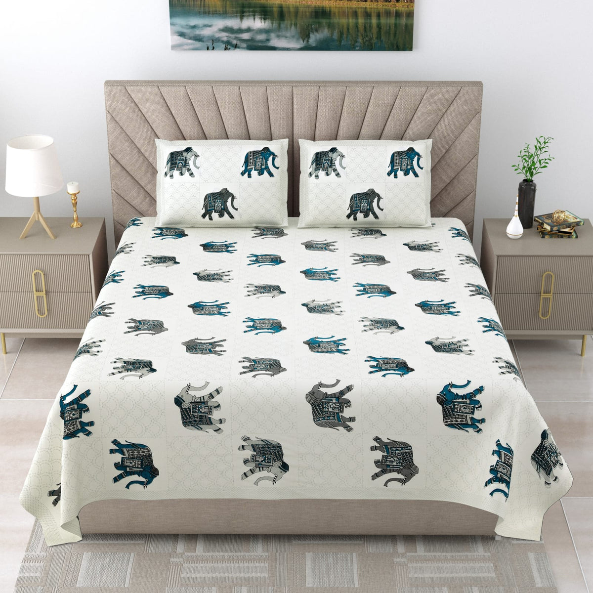 Royal Rajasthani Premium White & Turquoise Blue Elephant Printed King Size Bedsheet Set
