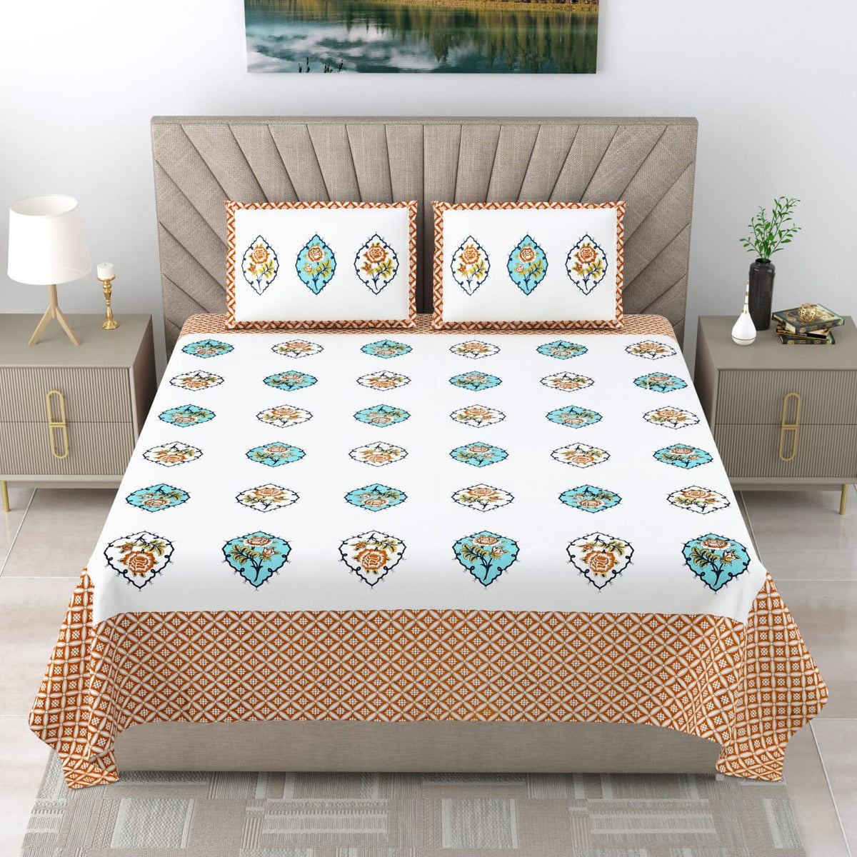 Royal Rajasthani Premium White & Turquoise Blue Floral Printed King Size Bedsheet Set