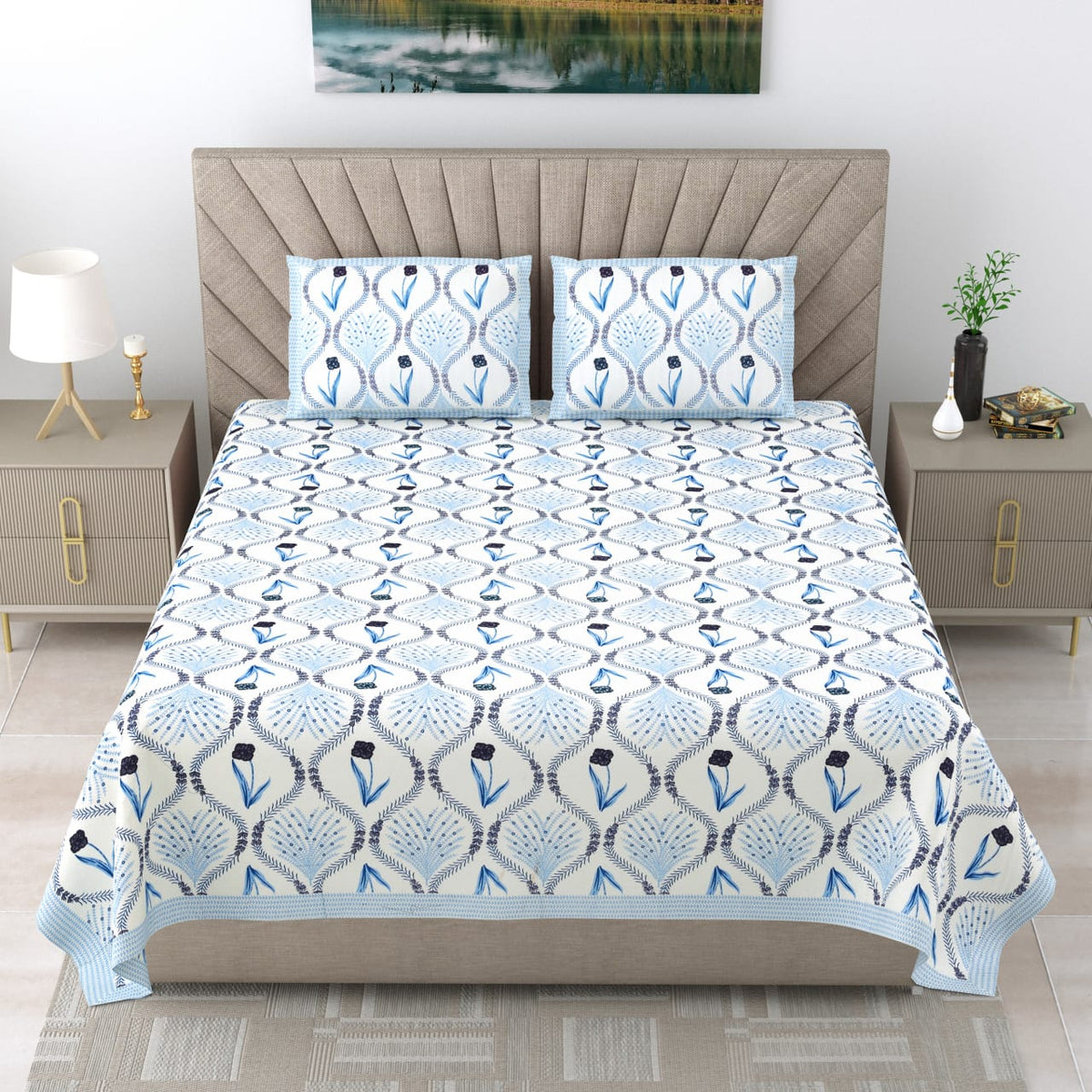 Royal Rajasthani Premium White & Blue Floral Printed King Size Bedsheet Set