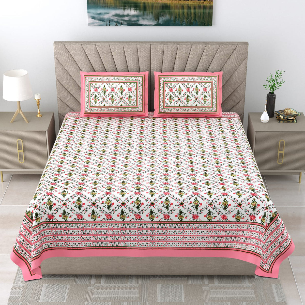 Royal Rajasthani Premium White & Pink Floral Printed King Size Bedsheet Set