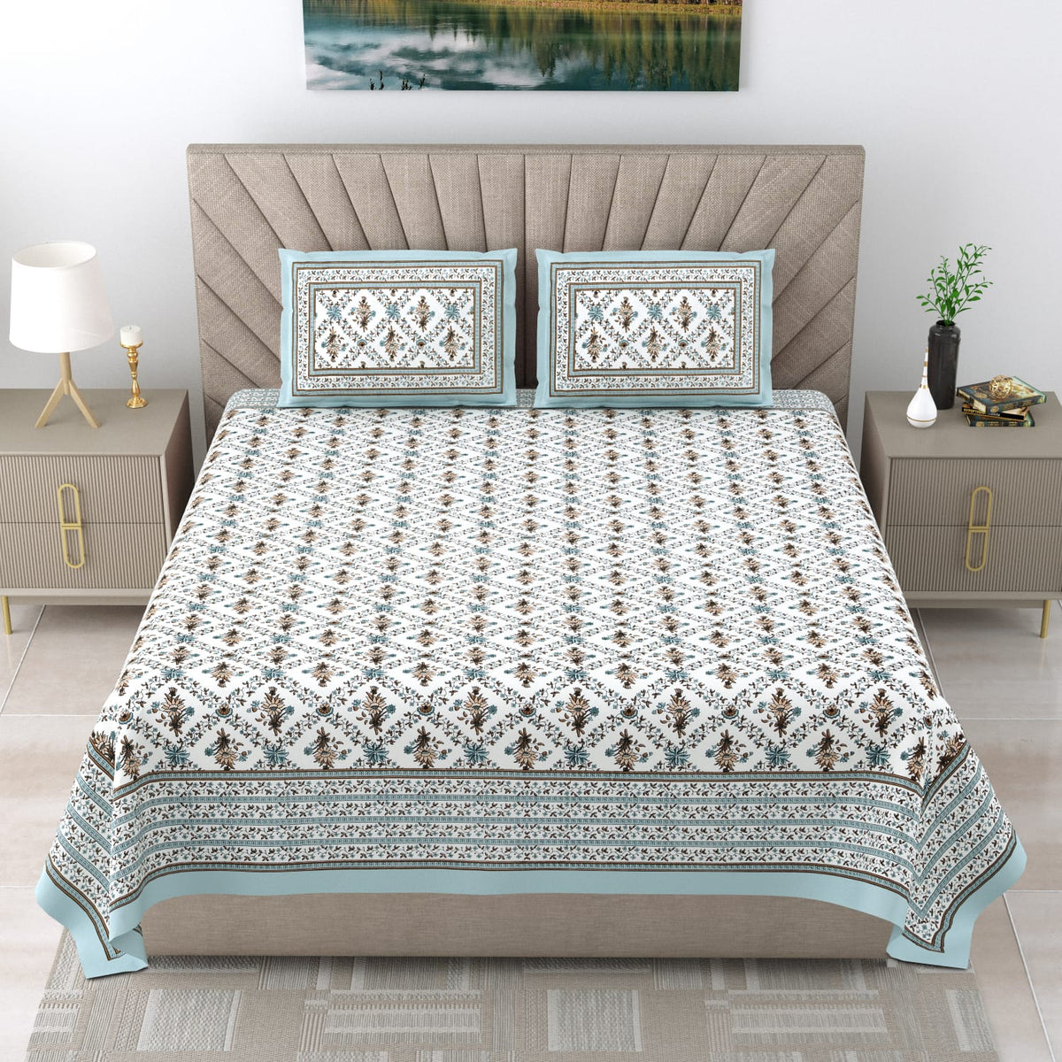 Royal Rajasthani Premium White & Blue Floral Printed King Size Bedsheet Set