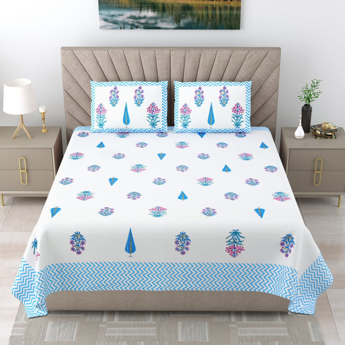Royal Rajasthani Premium White & Blue Floral Printed King Size Bedsheet Set