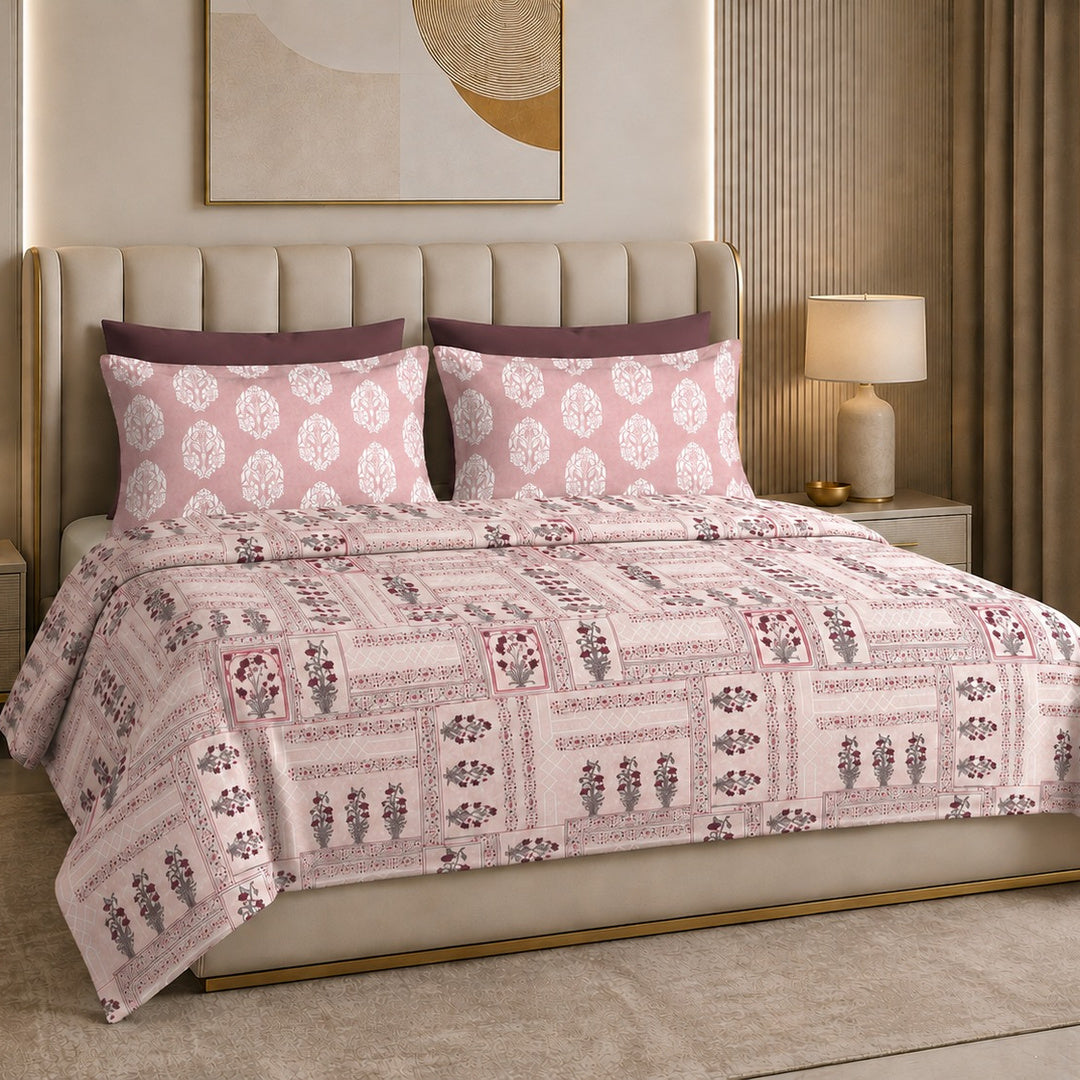 Tana Bana Premium Blush Pink & Burgundy Floral Block Print Pure Cotton King Size Bedsheet Set