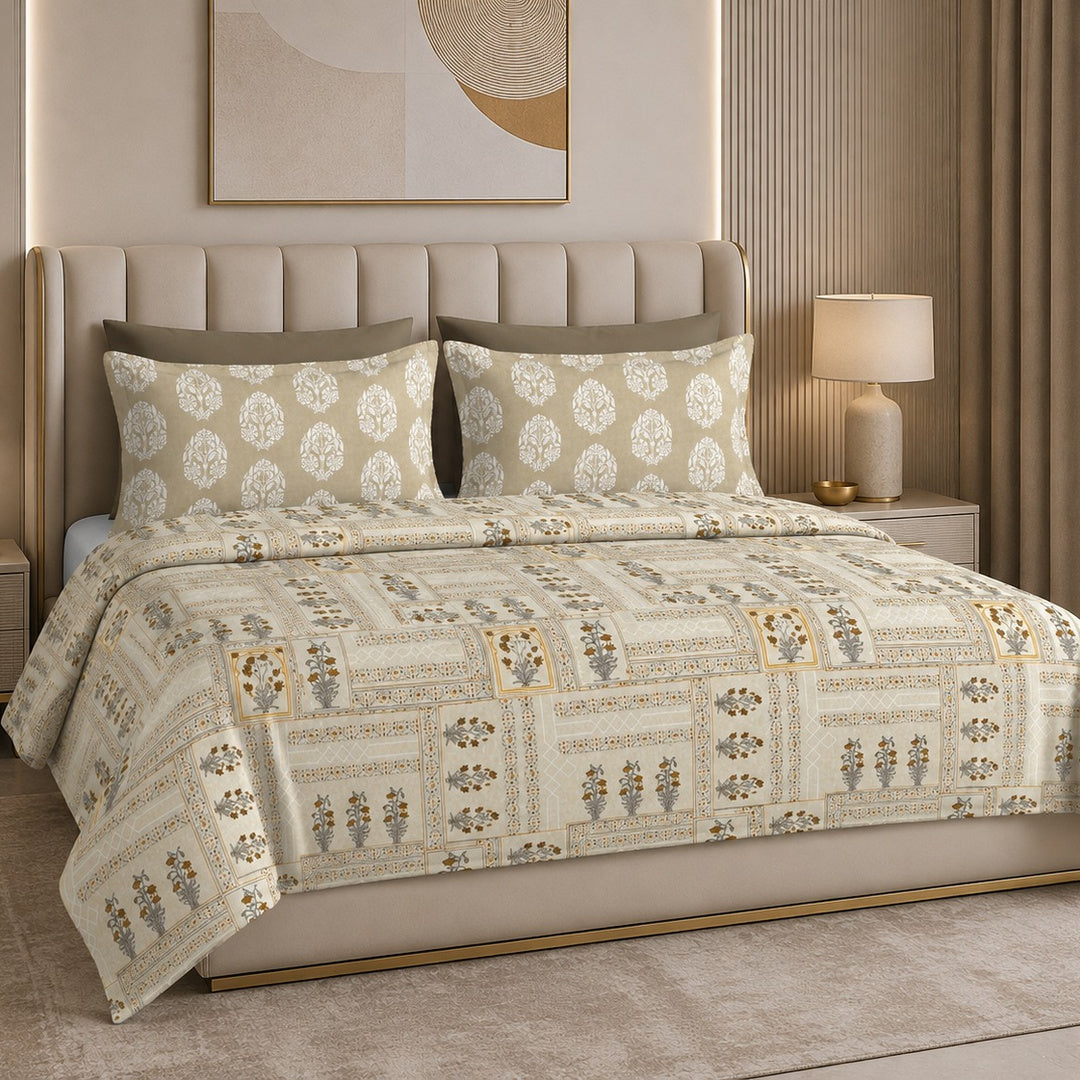 Tana Bana Premium Beige & Ivory Floral Block Print Pure Cotton King Size Bedsheet Set