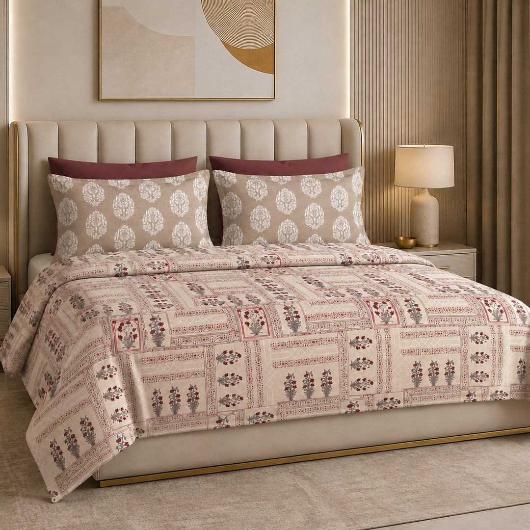 Tana Bana Premium Beige & Ivory Floral Block Print Pure Cotton King Size Bedsheet Set