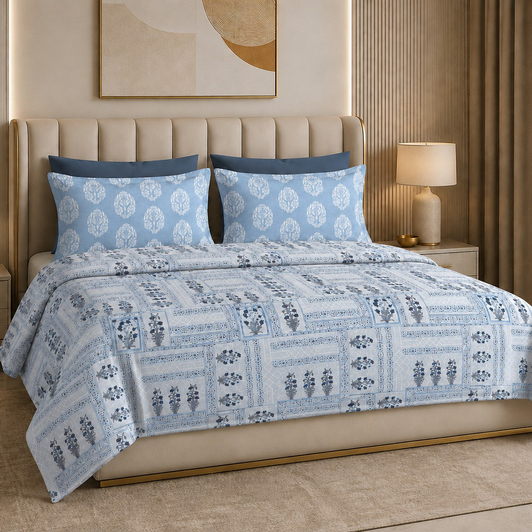 Tana Bana Premium Powder Blue & Ivory Floral Block Print Pure Cotton King Size Bedsheet Set