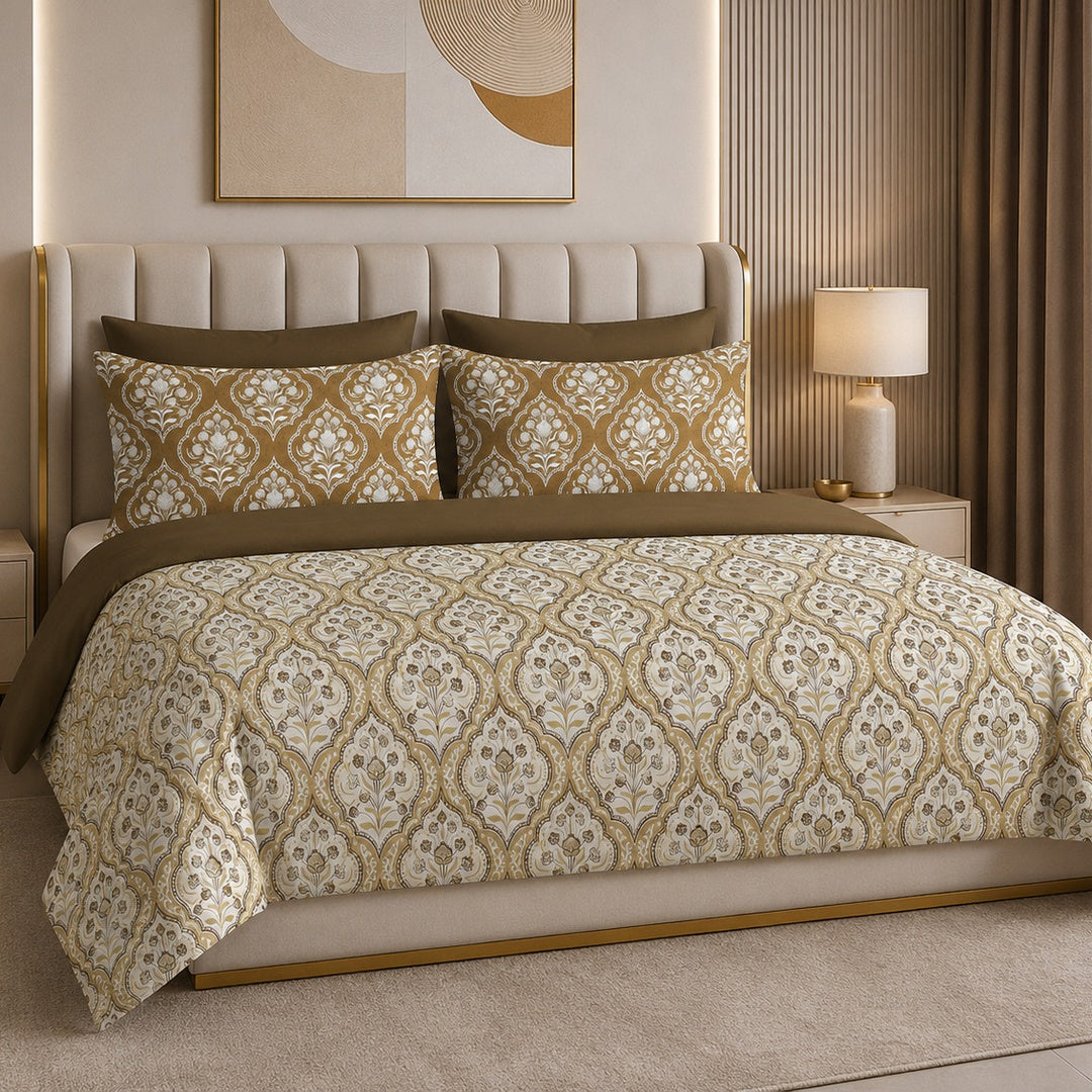 Tana Bana Premium Olive Brown & Ivory Floral Block Print Pure Cotton King Size Bedsheet Set