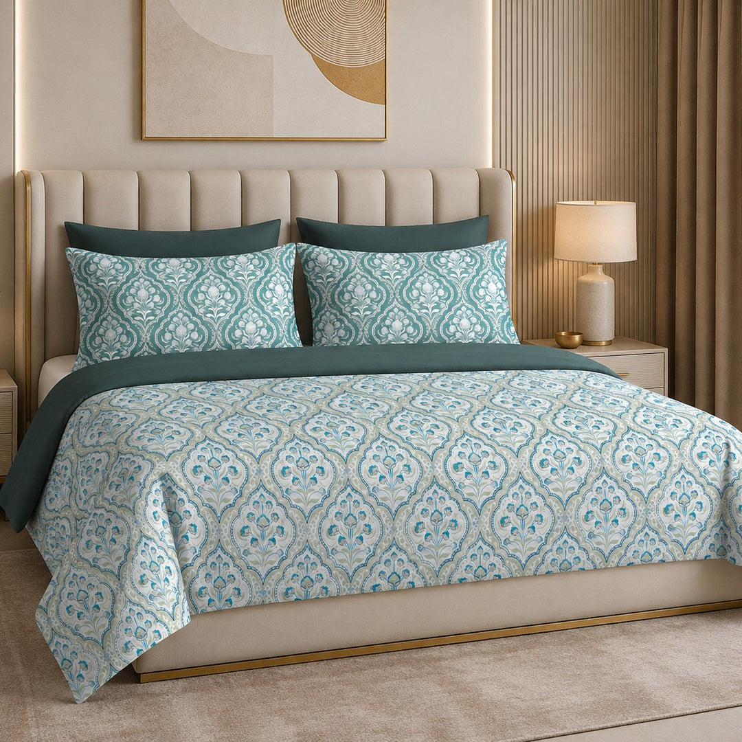 Tana Bana Premium Teal Blue & Ivory Floral Block Print Pure Cotton King Size Bedsheet Set