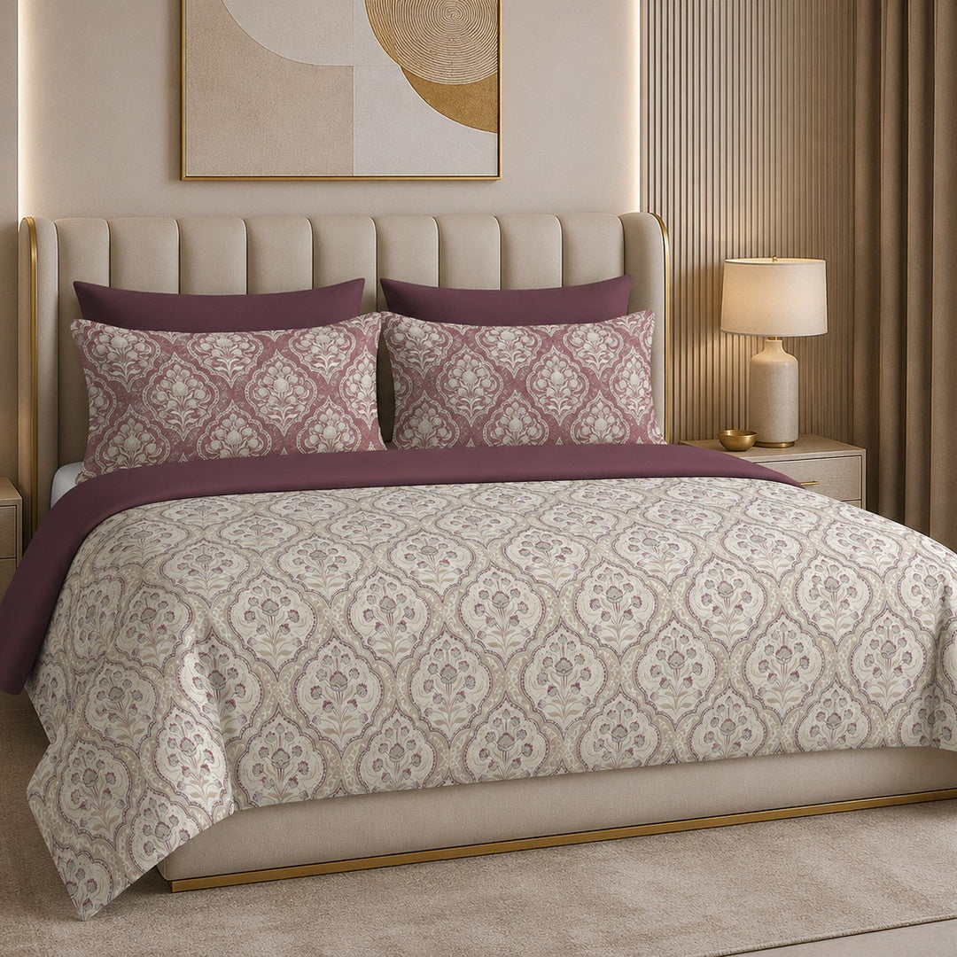 Tana Bana Premium Dusty Rose & Ivory Floral Block Print Pure Cotton King Size Bedsheet Set