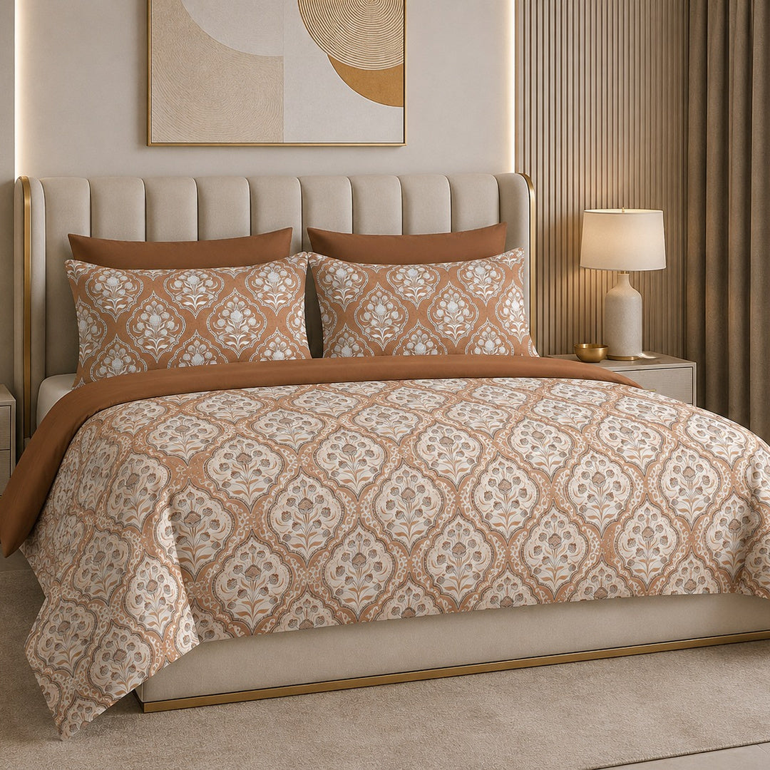Tana Bana Premium Terracotta Brown & Ivory Floral Block Print Pure Cotton King Size Bedsheet Set