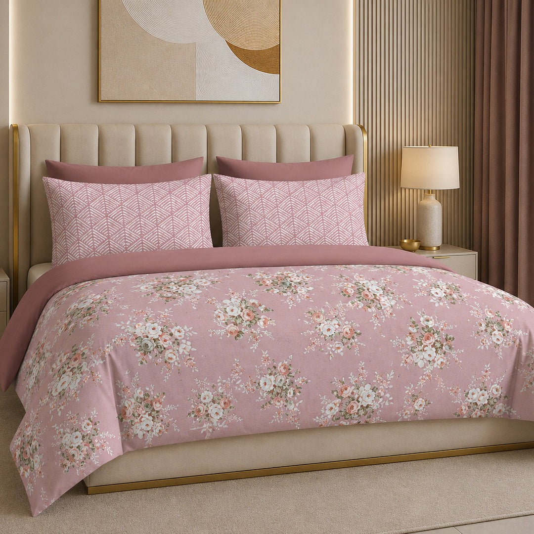 Tana Bana Premium Dusty Rose & Ivory Floral Printed Pure Cotton King Size Bedsheet Set