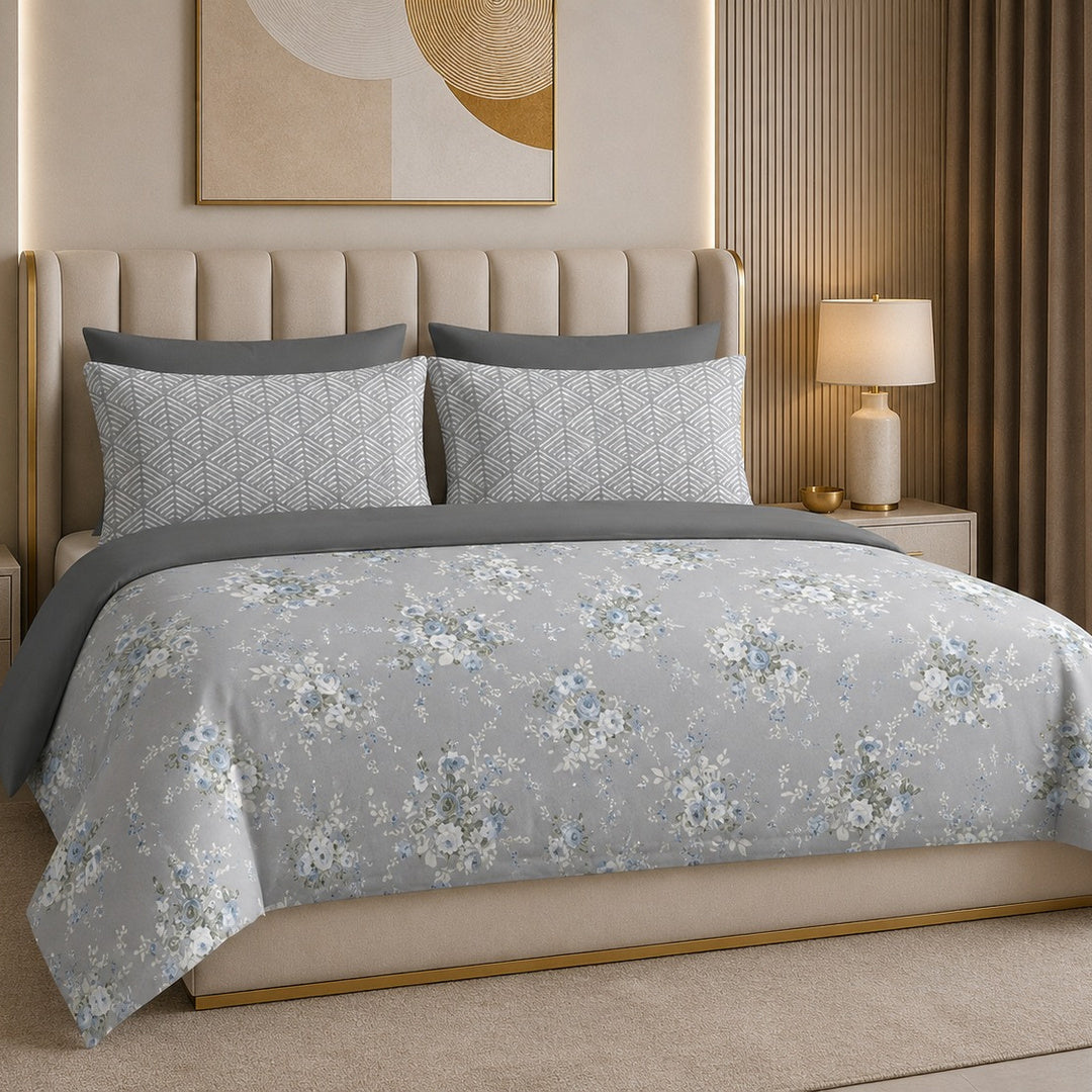 Tana Bana Premium Dove Grey & Ivory Floral Printed Pure Cotton King Size Bedsheet Set