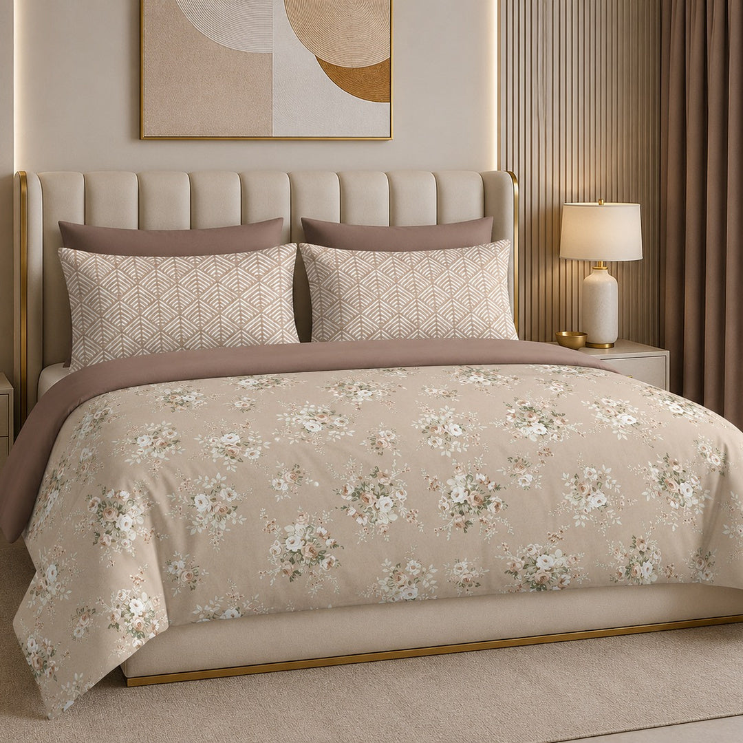 Tana Bana Premium Beige & Ivory Floral Printed Pure Cotton King Size Bedsheet Set