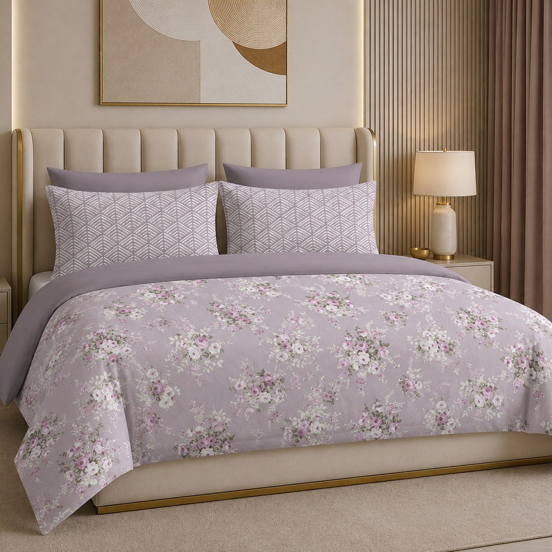 Tana Bana Premium Lavender Grey & Blush Floral Printed Pure Cotton King Size Bedsheet Set