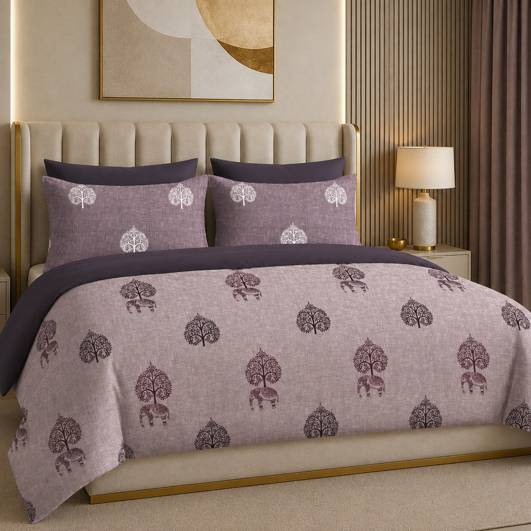 Tana Bana Premium Mauve & Deep Plum Tree & Elephant Printed Pure Cotton King Size Bedsheet Set